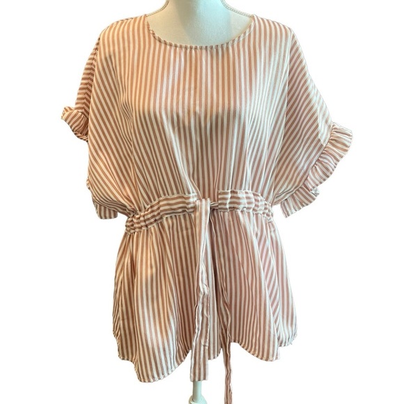 L Love Tie Waist Flutter Sleeve Peplum Blouse Top Pink & White Stripes Size L - Picture 1 of 12